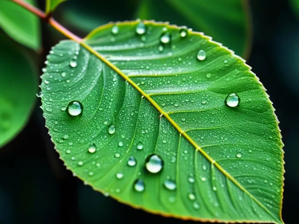 Un mágico detalle de una hoja verde cubierta de gotas de rocío, con luz solar filtrándose y creando un juego de luces y sombras