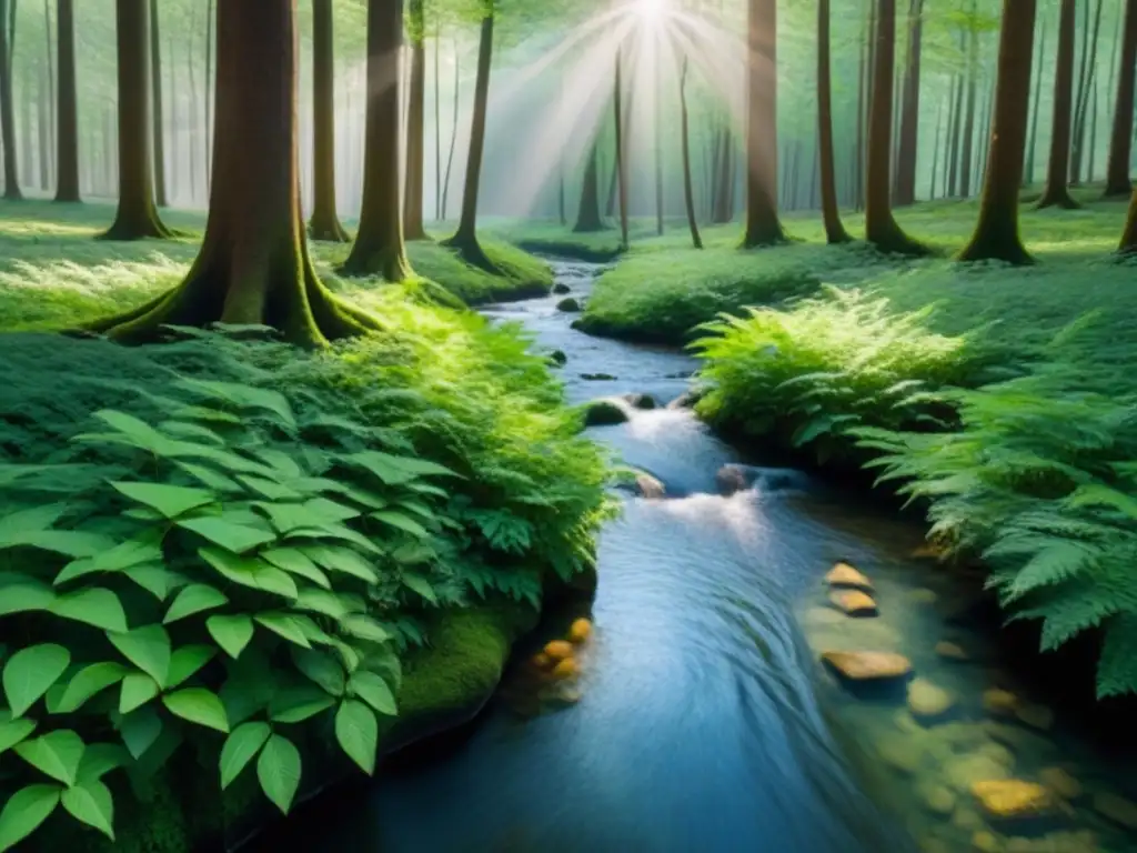 Un mágico bosque verde con rayos de sol filtrándose entre las hojas, un arroyo cristalino y la sensación de armonía con la naturaleza