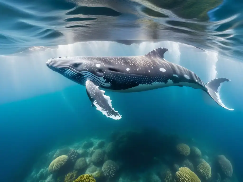 Majestuosa ballena jorobada nadando en aguas cristalinas rodeada de vida marina vibrante, con impacto de residuos plásticos