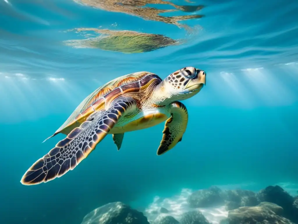 Una majestuosa tortuga marina nada grácil en aguas cristalinas, destacando la importancia de la Reducción residuos plásticos océanos
