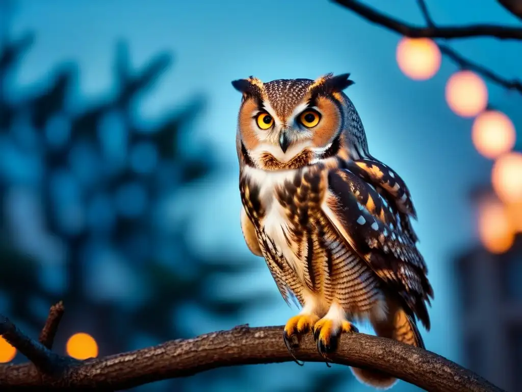 La majestuosa lechuza en la rama, con iluminación urbana impacto vida silvestre