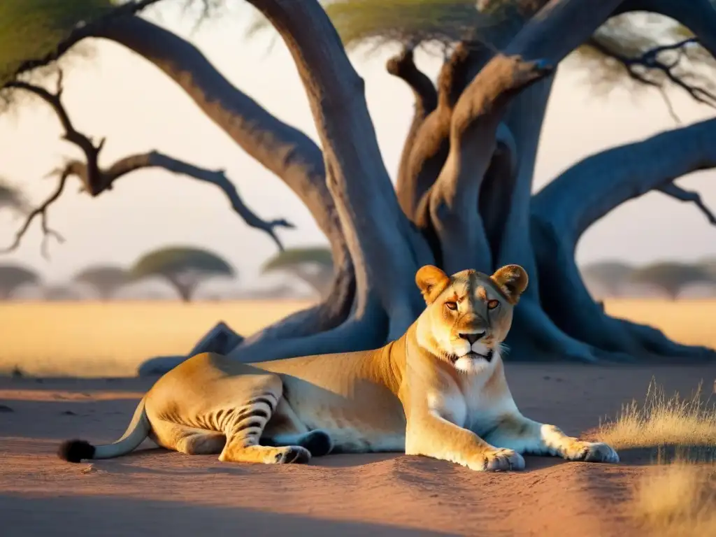 Una majestuosa leona descansa bajo un acacia en la sabana africana, destacando su elegante pelaje bajo el sol dorado