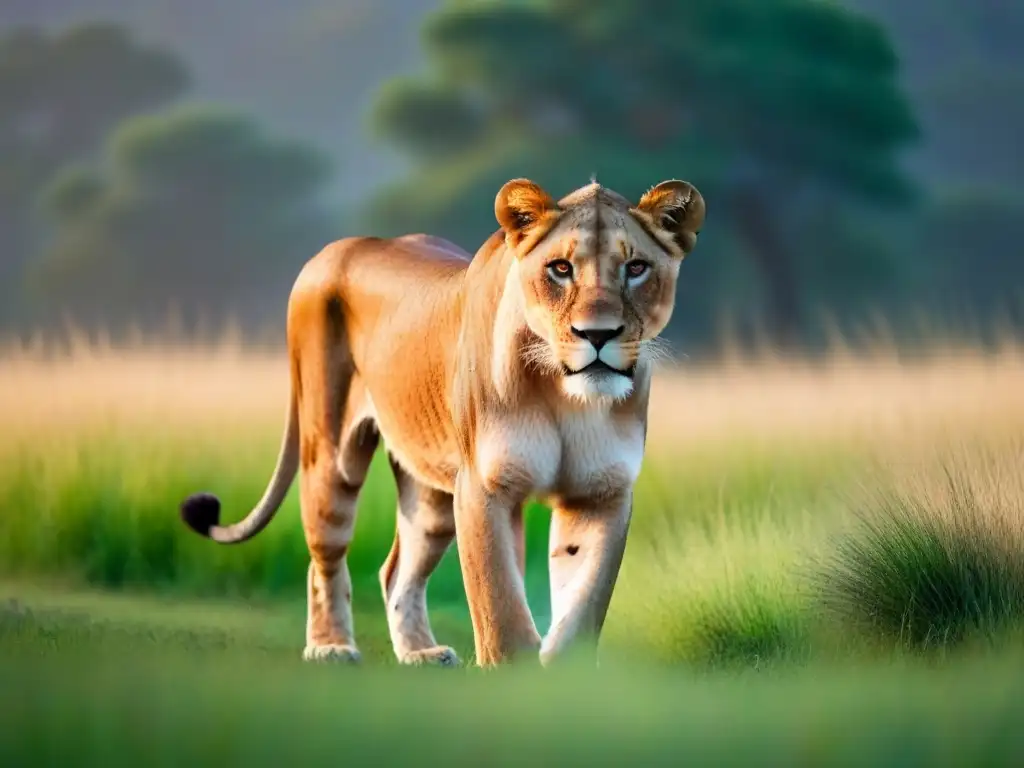 Esplendor felino en la sabana africana al amanecer Una majestuosa leona caminando en la sabana africana al amanecer, resaltando la belleza del safari ecológico observación fauna