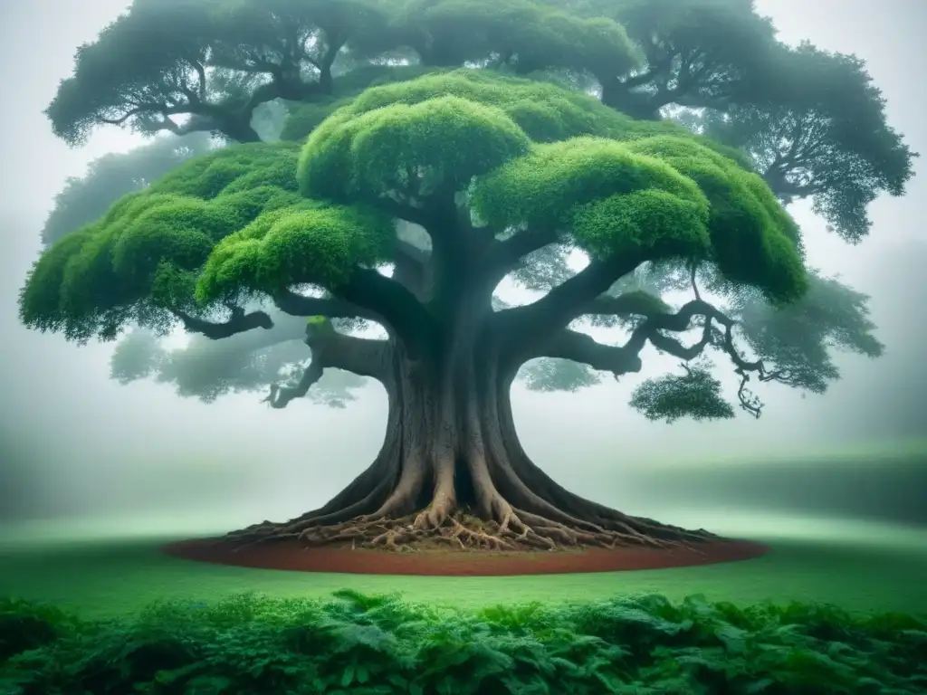 Un majestuoso árbol antiguo rodeado de neblina y animales del bosque, inspirando el activismo ambiental en libros ecoconscientes