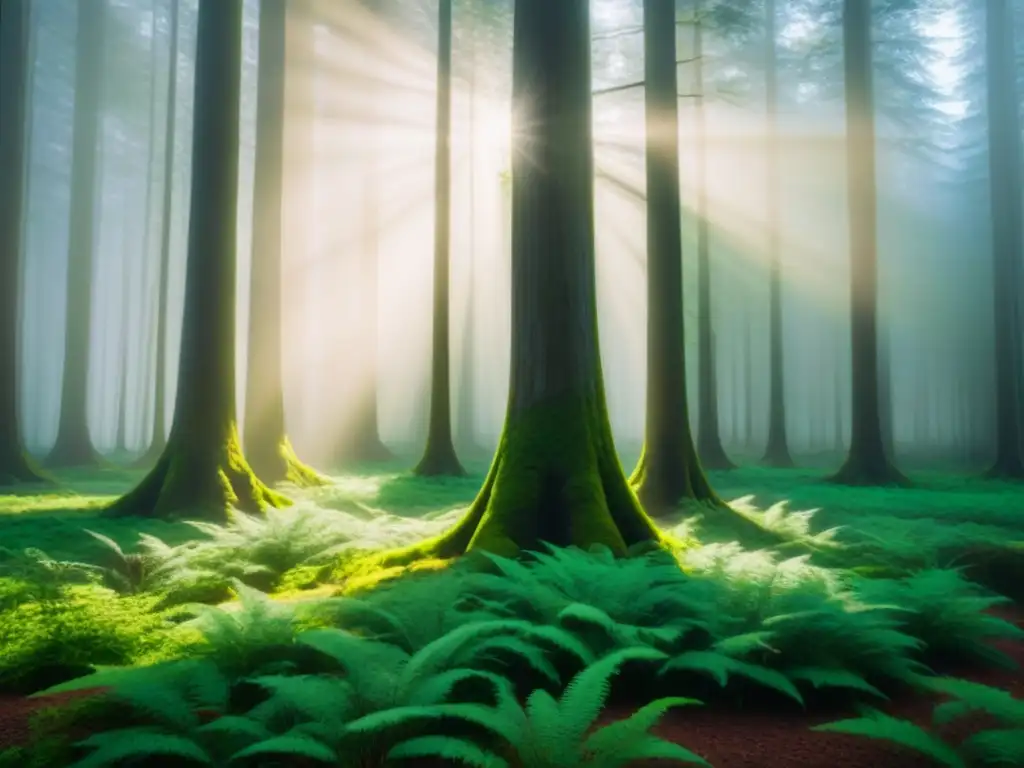 Un majestuoso árbol en un frondoso bosque, resaltando la luz y sombras entre sus hojas