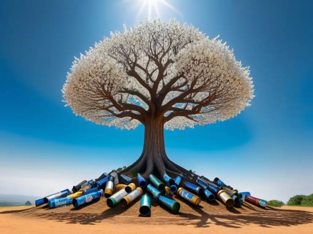 Un majestuoso árbol de materiales reciclados, bajo el sol, simbolizando la alimentación zero waste cambio climático