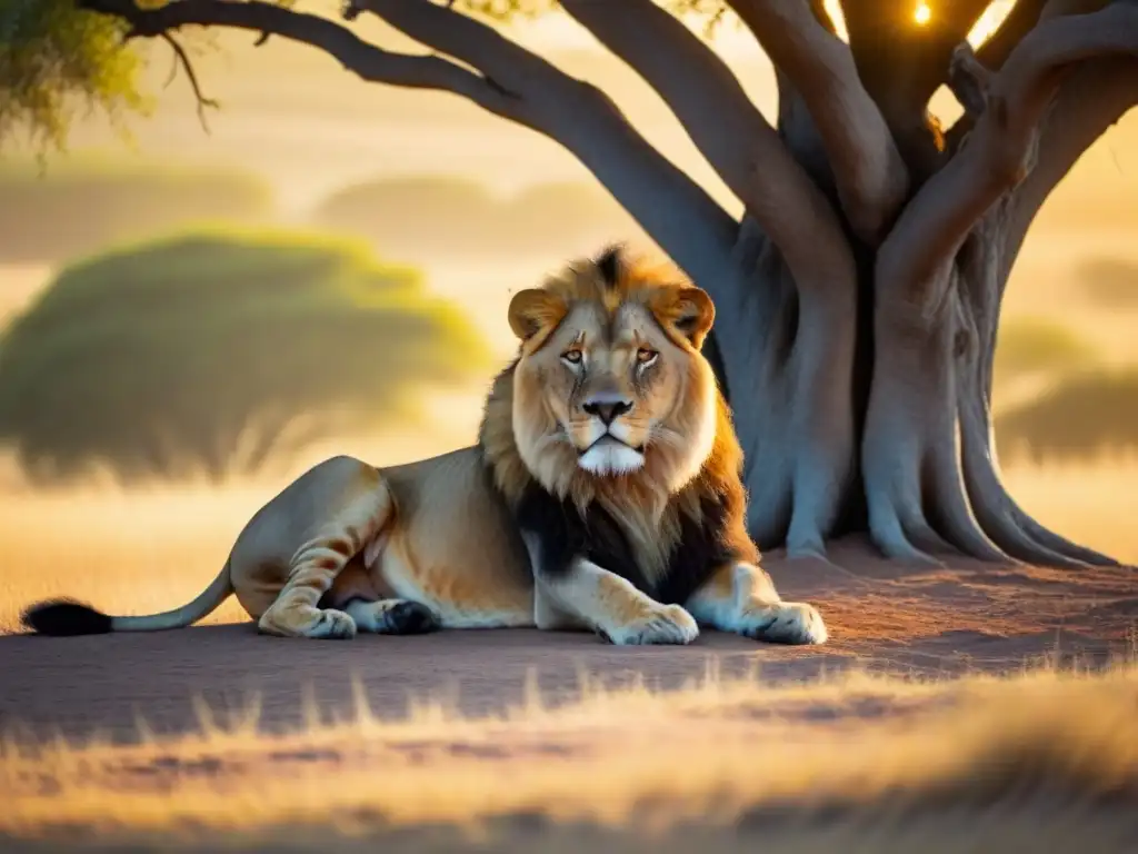 Un majestuoso león descansando bajo árbol en la sabana africana al atardecer