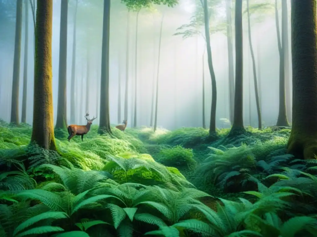 Majestuoso bosque verde repleto de vida silvestre, transmitiendo armonía en ecosistemas