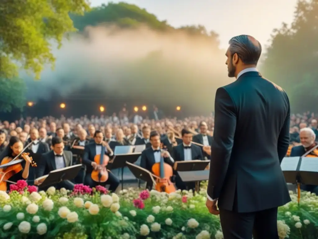 Un majestuoso concierto de una orquesta sinfónica rodeada de exuberante vegetación y flores vibrantes