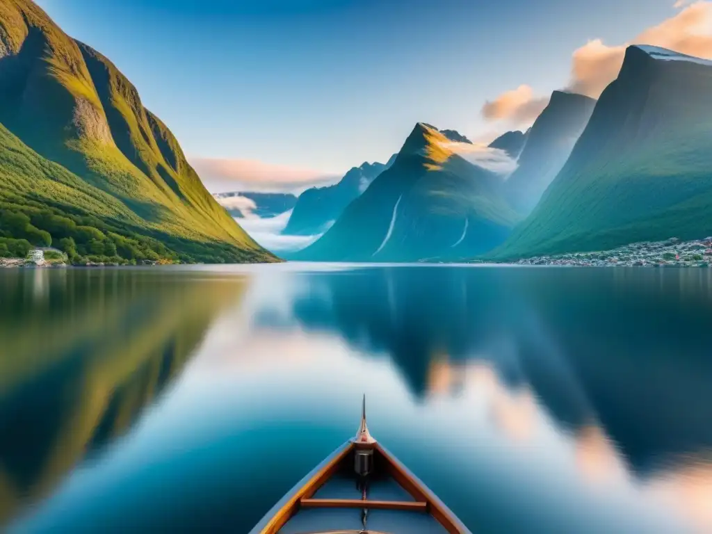 Un majestuoso fiordo noruego al amanecer, reflejando el cielo vibrante y montañas nevadas, con un velero en calma