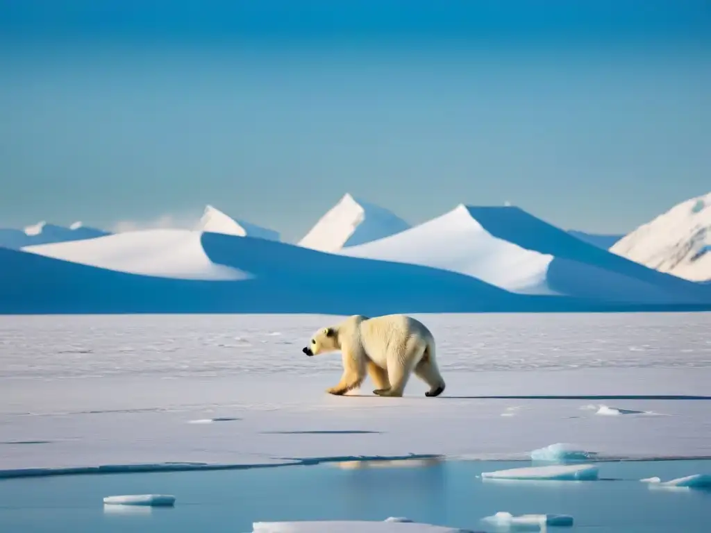 Un majestuoso oso polar camina en el Ártico bajo un cielo azul