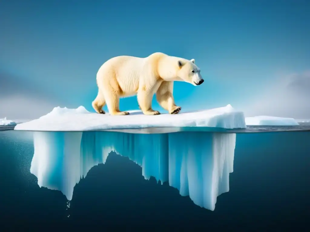 Un majestuoso oso polar camina sobre un iceberg derritiéndose, representando el impacto del minimalismo zero waste en especies en extinción