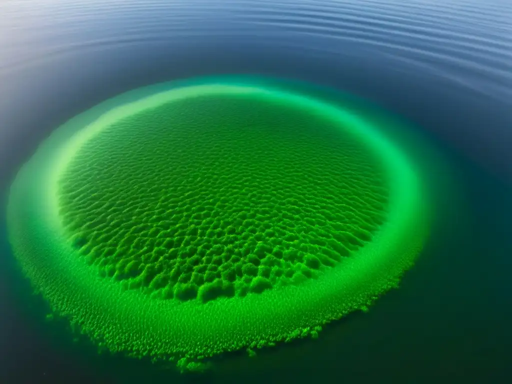 Un majestuoso y vibrante bloom de microalgas verdes en agua clara, iluminado por el sol