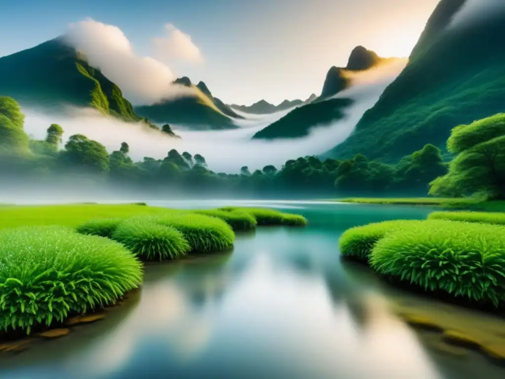 Un manantial de montaña cristalino rodeado de exuberante vegetación, reflejando la pureza y esencia natural de las fuentes de agua