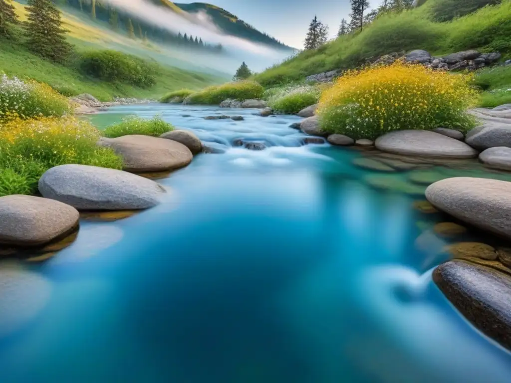 Un manantial de montaña cristalino rodeado de exuberante vegetación y delicadas flores silvestres, reflejando el cielo azul vibrante