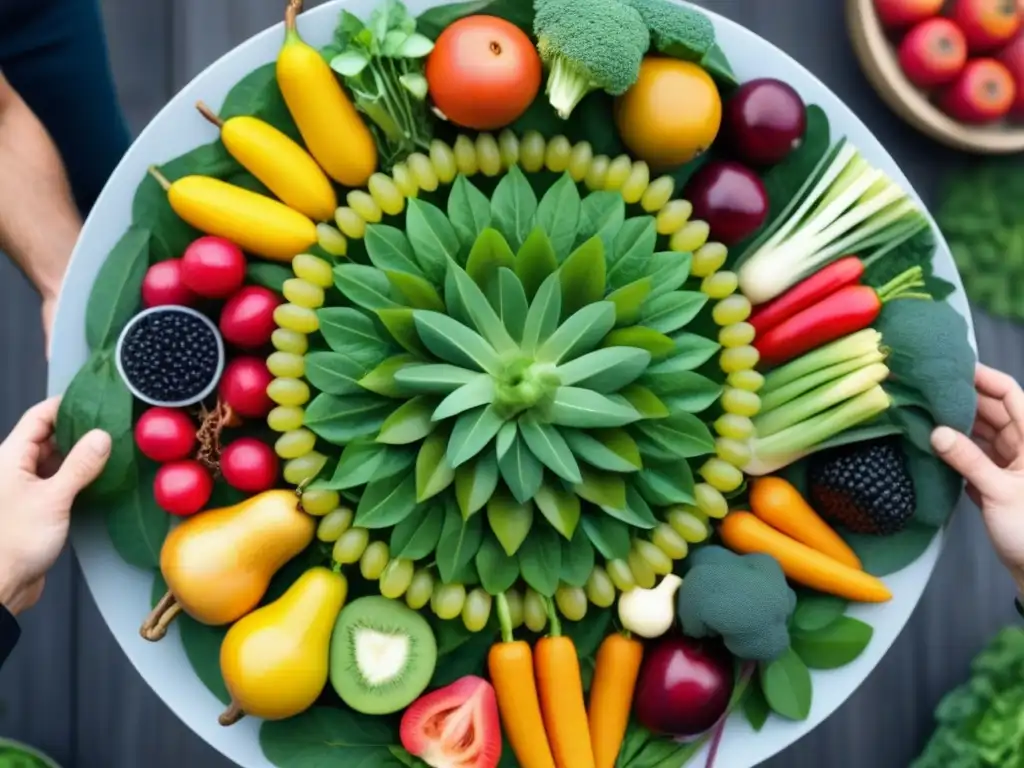 Un mandala de frutas y verduras coloridas en armonía, mostrando la abundancia y belleza de la naturaleza