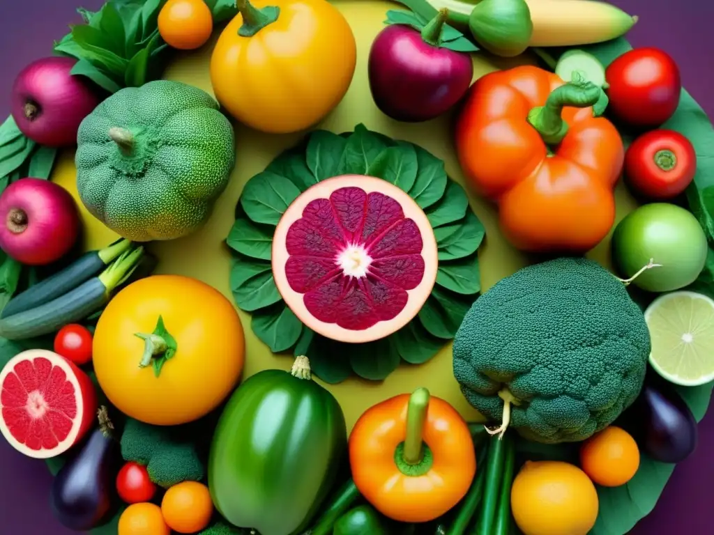 Un mandala de frutas y verduras vibrantes, detalladas y coloridas, que representa la esencia de la alimentación basada en plantas sostenible