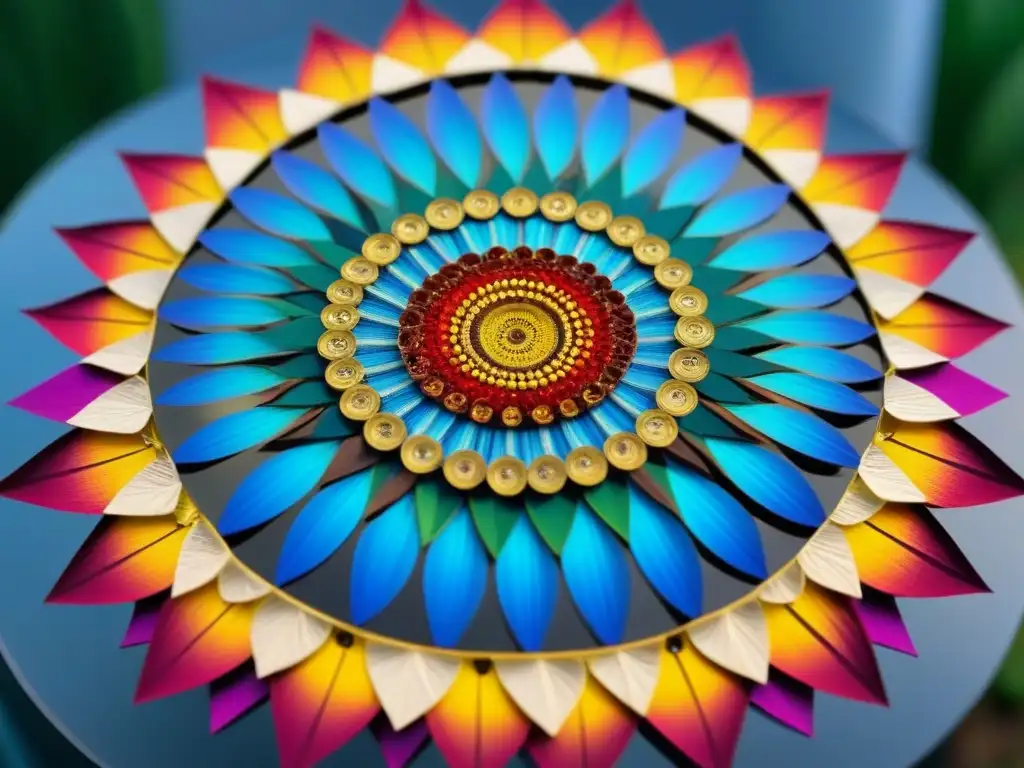 Un mandala intrincado y detallado, creado con materiales reciclados como CDs, tapas de botellas y retazos de tela