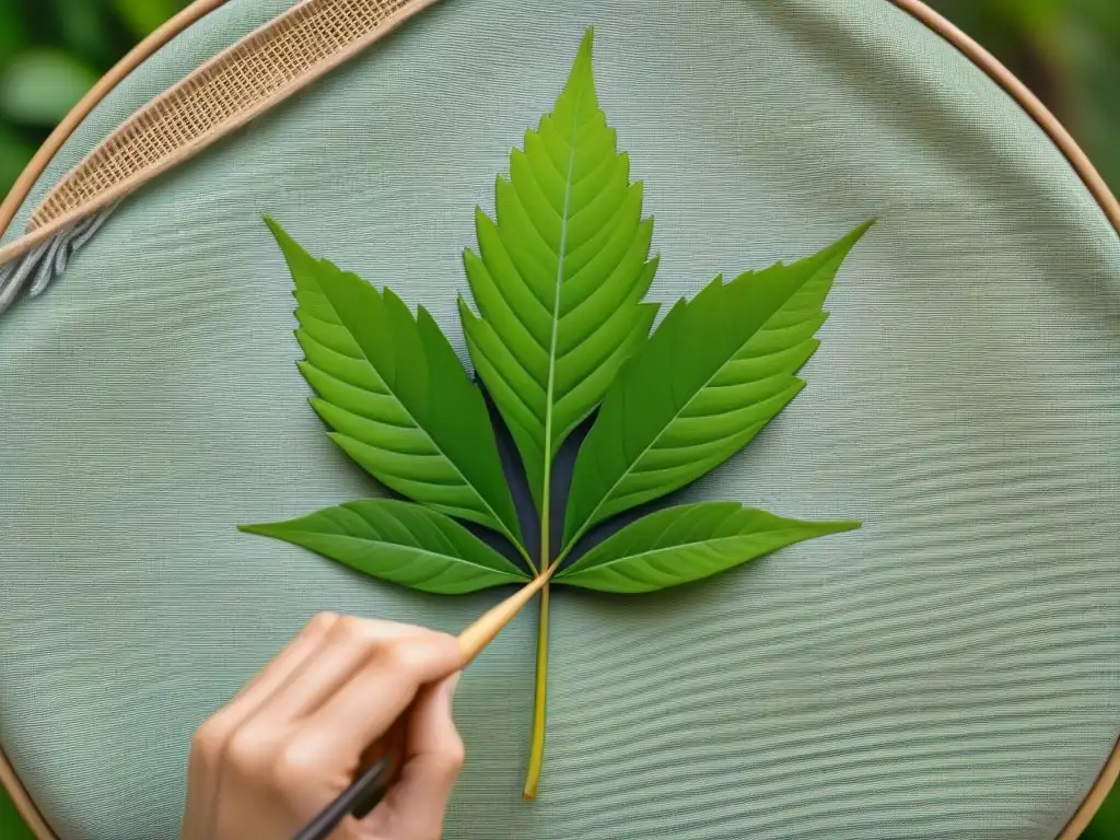 Mano de artista pintando hojas verdes en lienzo, fusionando arte y activismo ambiental