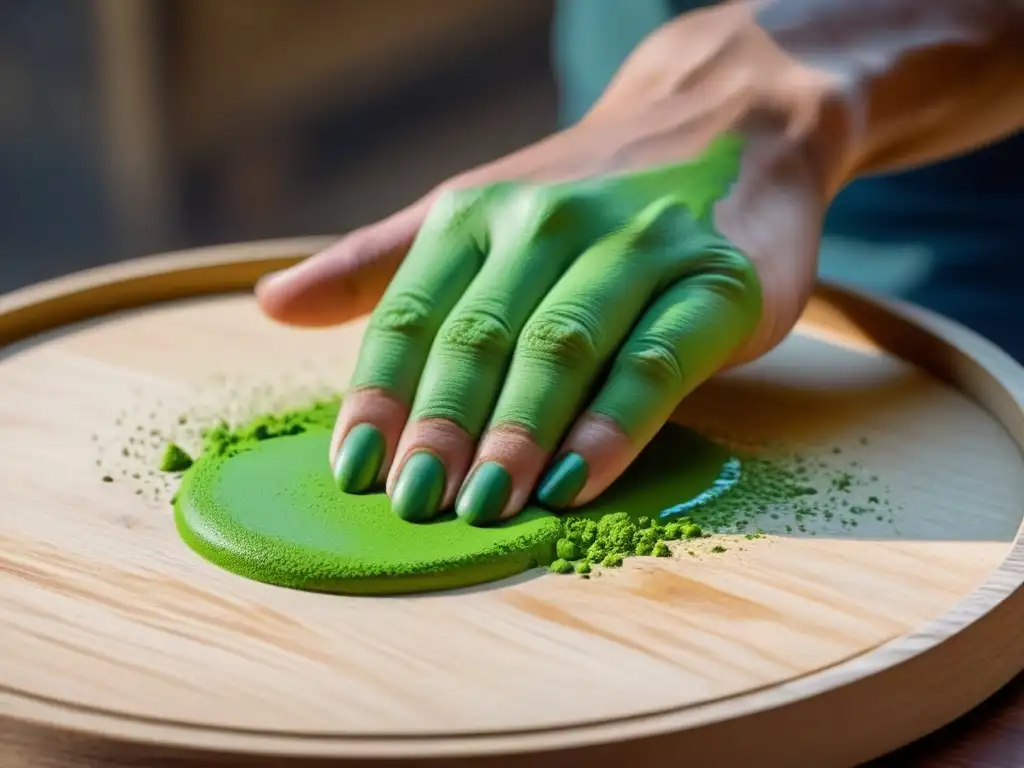 Mano de artista mezclando pintura verde en paleta de madera ecológica, resaltando técnicas de pintura ecológicas artistas