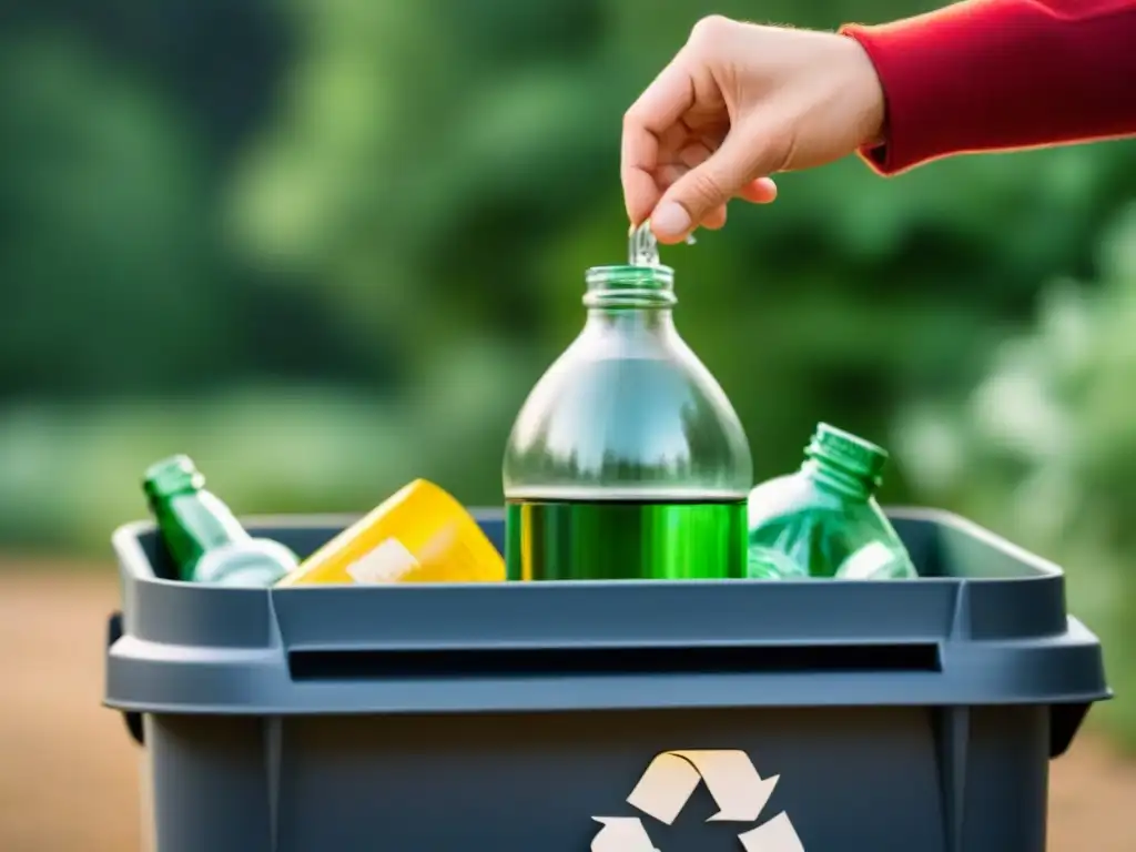 Acción sostenible: Reciclaje de vidrio Mano depositando una botella en el contenedor de reciclaje, concienciación estilo de vida sostenible