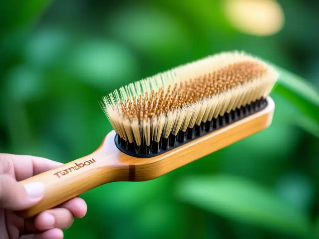 Mano sosteniendo cepillo de bambú para cabello con cerdas recicladas