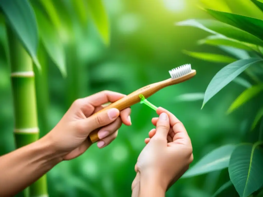 Una mano sostiene un cepillo de dientes de bambú frente a hojas verdes, resaltando la rutina de belleza sostenible