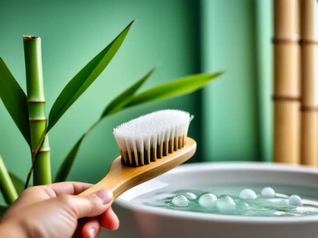 Mano sostiene cepillo de dientes de bambú con gotas de agua, en baño sostenible, rutinas matutinas sostenibles zero waste