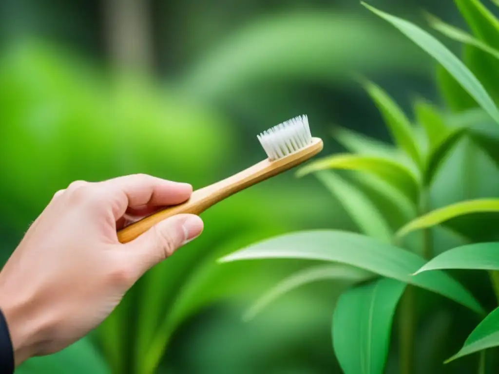 Mano sostiene cepillo de dientes de bambú con pasta ecológica en cerdas, fondo de hojas verdes, receta pasta dientes ecológica casera