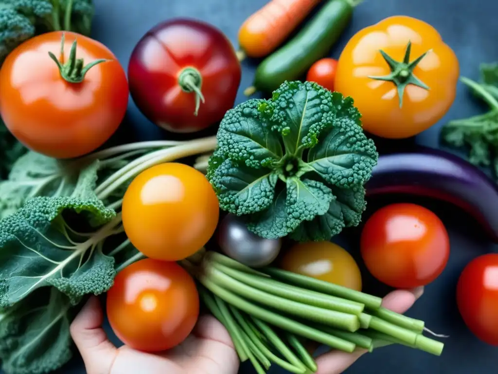 Una mano sostiene coloridos ingredientes frescos, ilustrando la diversidad y belleza de la cocina zero waste