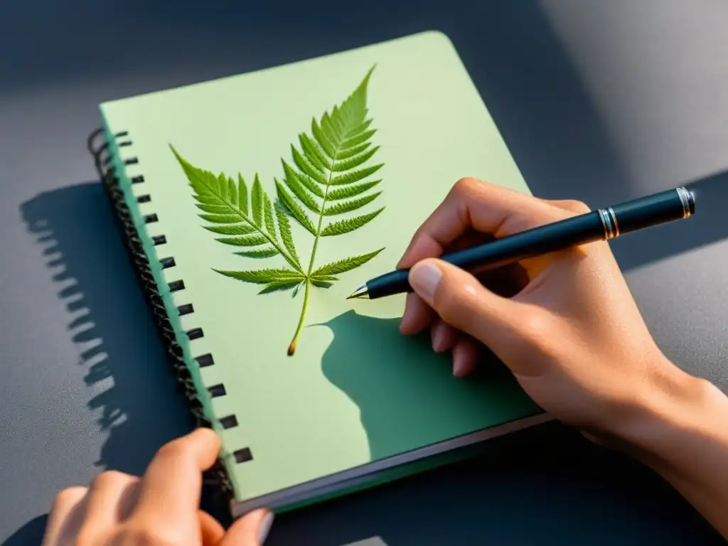 Mano sosteniendo cuaderno ecológico con diseño de hoja, listo para escribir