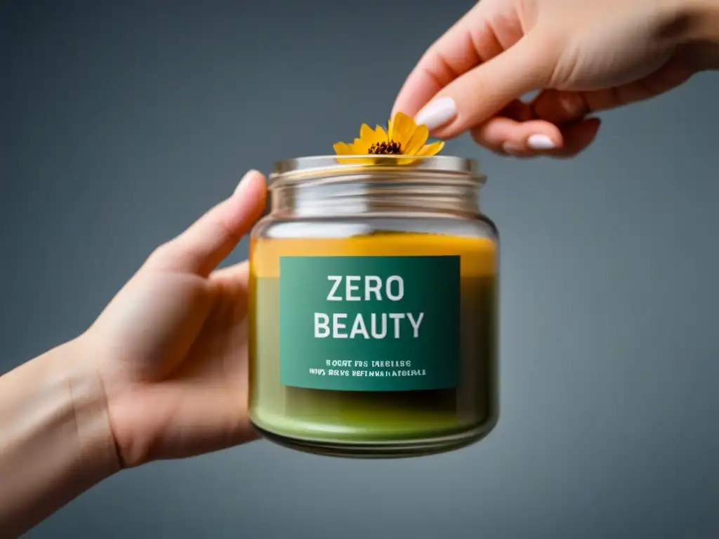 Mano sosteniendo frasco de belleza en vidrio reutilizable con etiqueta 'Marcas zero waste belleza sostenible' y ingredientes naturales vibrantes