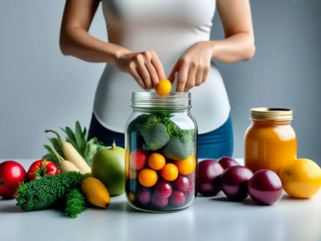 Mano sostiene frascos con frutas y verduras coloridas en capas