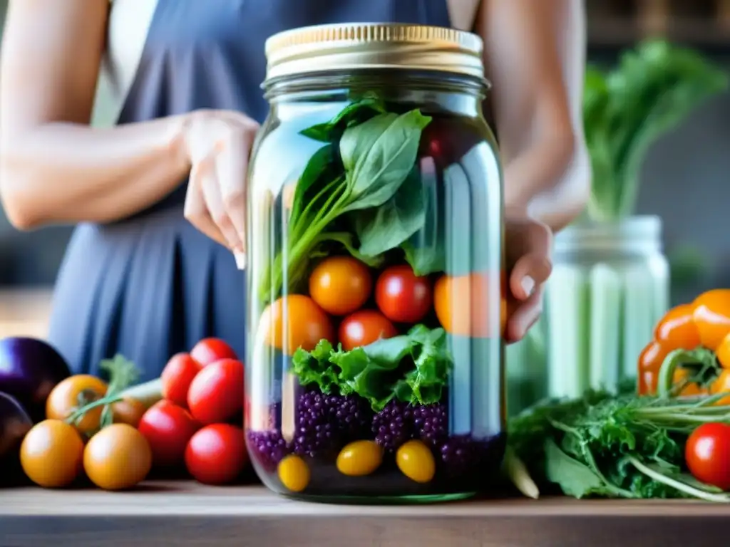 Mano sosteniendo frascos de vidrio llenos de coloridas frutas y verduras frescas