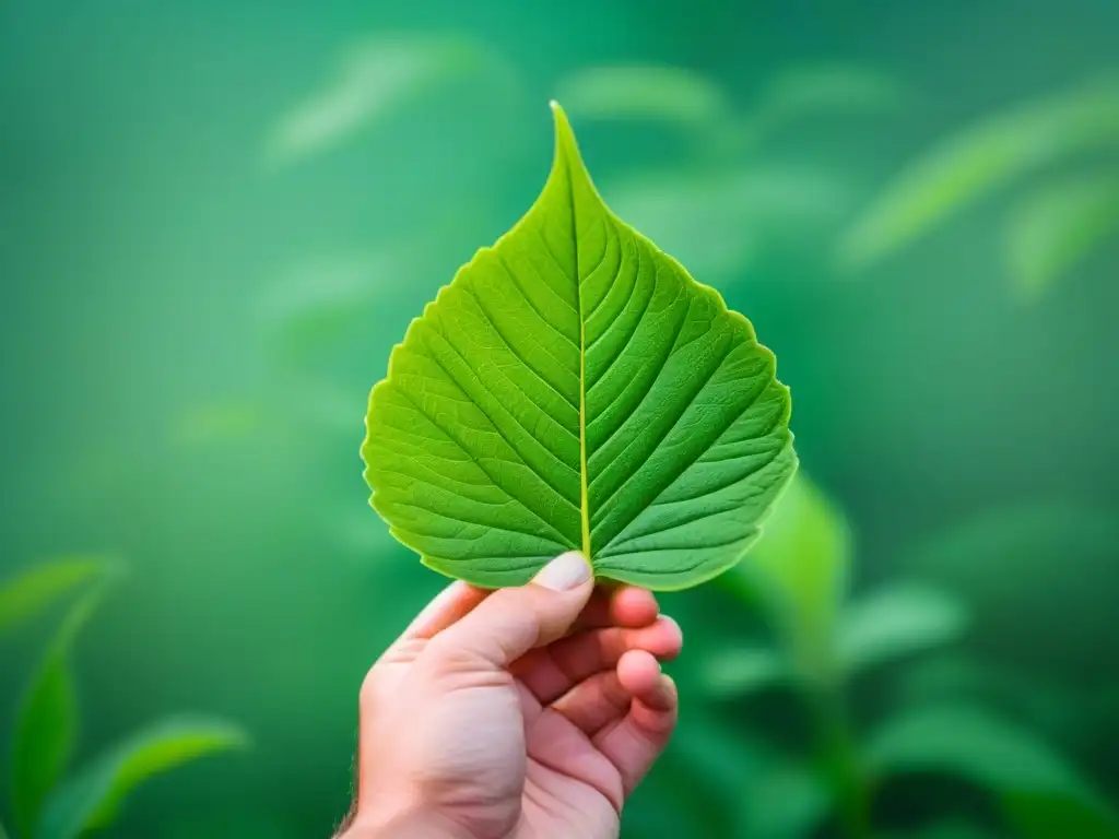 Mano sosteniendo hoja verde vibrante, reflejando la frescura de cosméticos ecológicos sostenibles guía