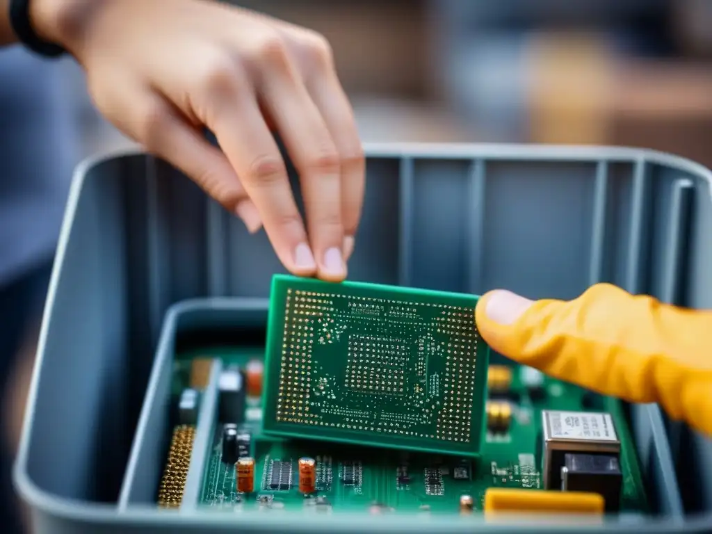 Mano humana depositando placa electrónica en contenedor de reciclaje, detallando componentes y texturas