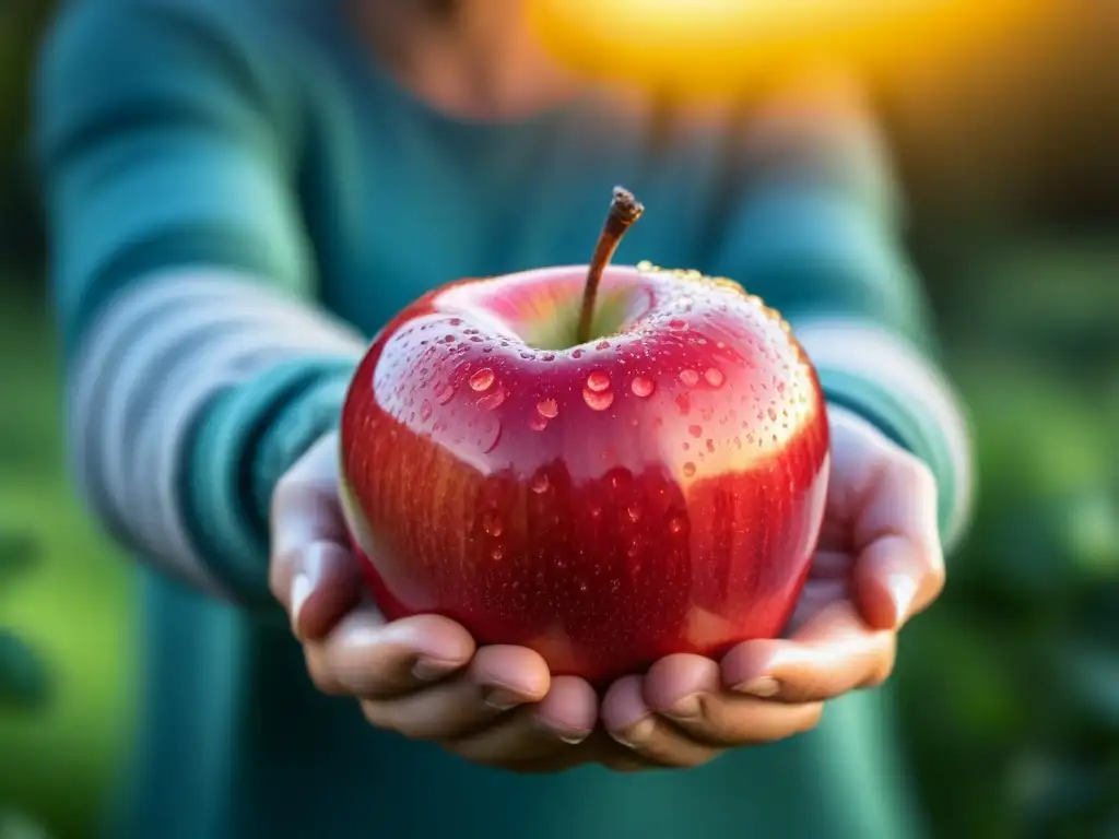 Mano sosteniendo una manzana orgánica madura con gotas de agua, resaltando su belleza natural