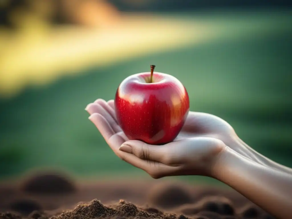 Mano sosteniendo una manzana roja vibrante en un ambiente sereno con estilo de vida zero waste