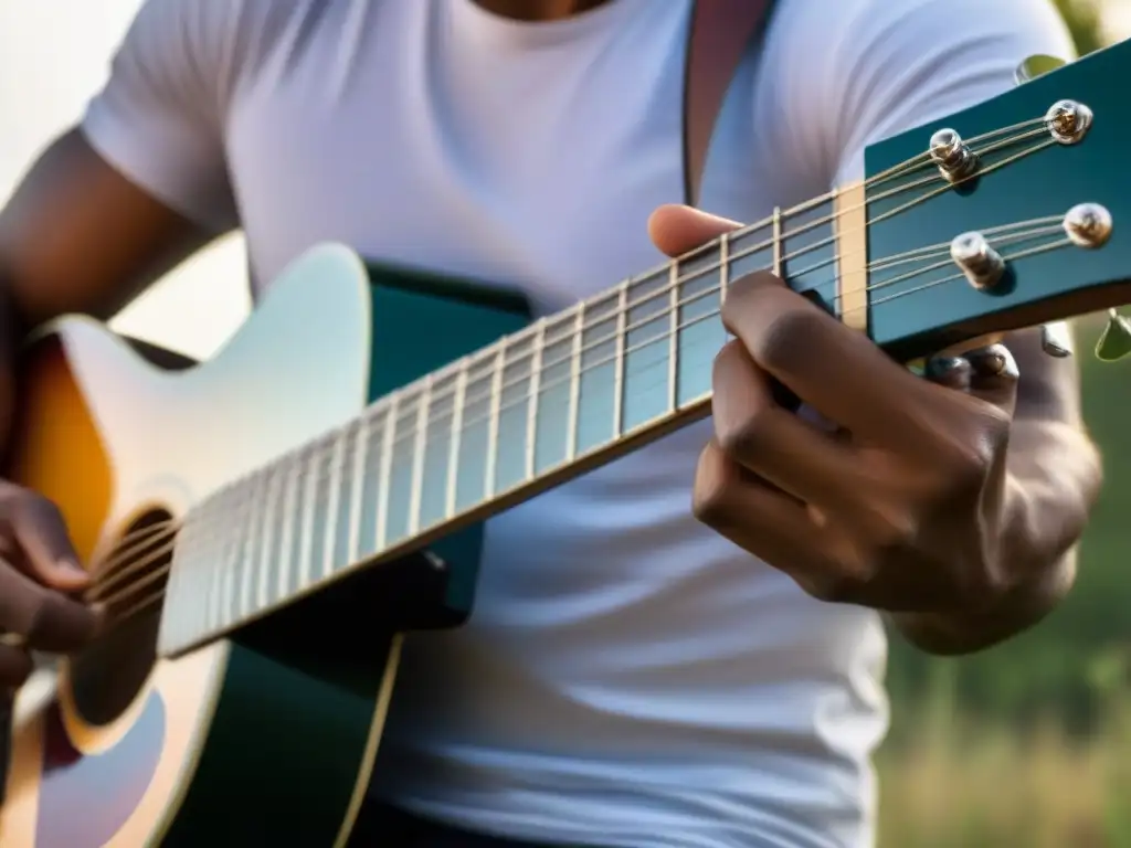 Mano de músico tocando guitarra de materiales reciclados, detalle sostenible y pasión por proyectos musicales sostenibles residuos