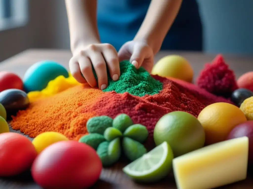 Mano de niño tocando colorantes artificiales, representando los efectos negativos en la salud