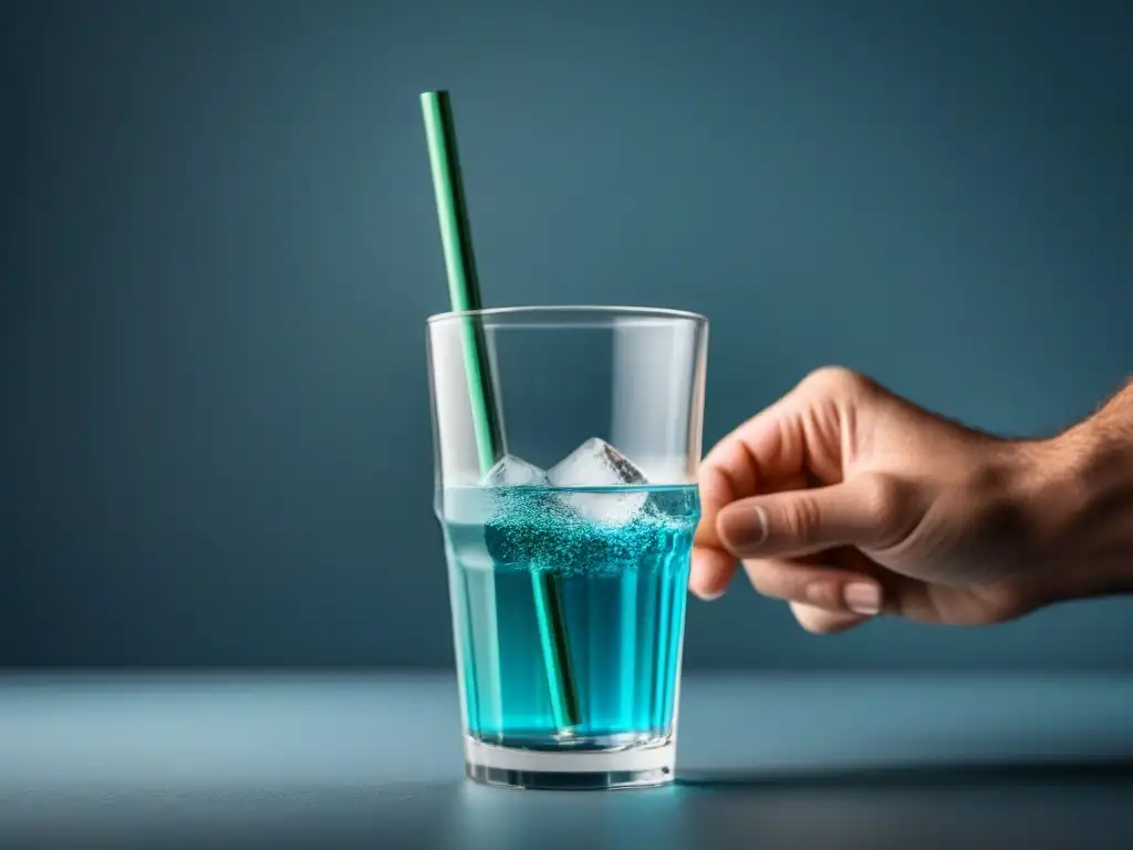 Mano sosteniendo una pajita de metal sobre vaso de agua con hielo, fondo minimalista