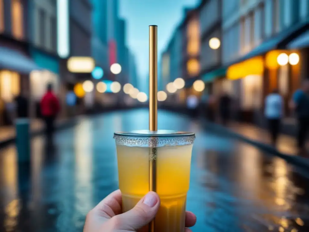 Una mano sostiene una pajita metálica reutilizable con gotas de agua deslizándose, reflejando la vida urbana y acciones zero waste en ciudad