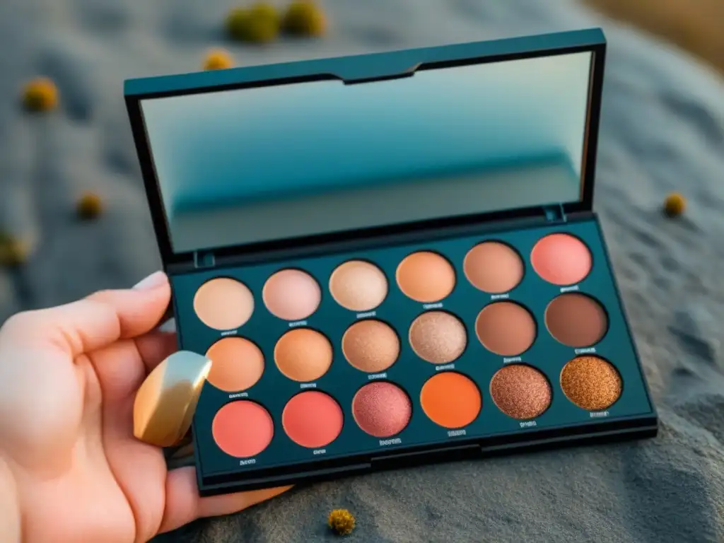 Mano sostiene paleta de maquillaje sostenible con tonos vibrantes, textura y empaque ecológico, bajo luz natural