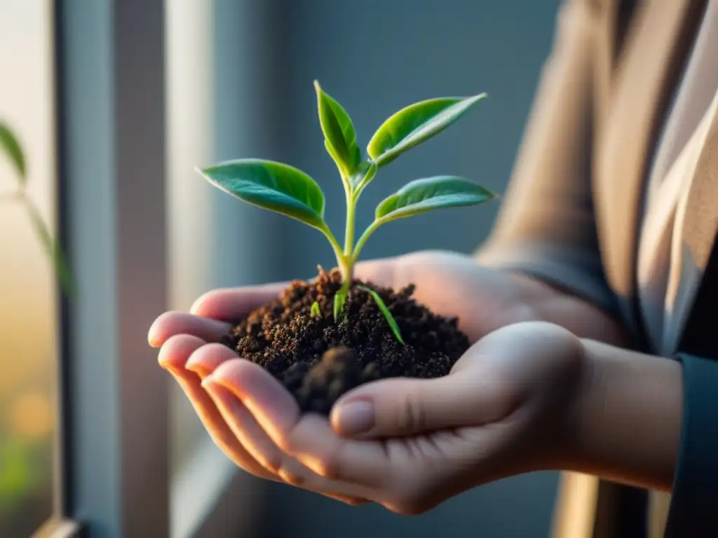 Mano sosteniendo planta verde en tierra fértil, luz suave filtrándose por ventana