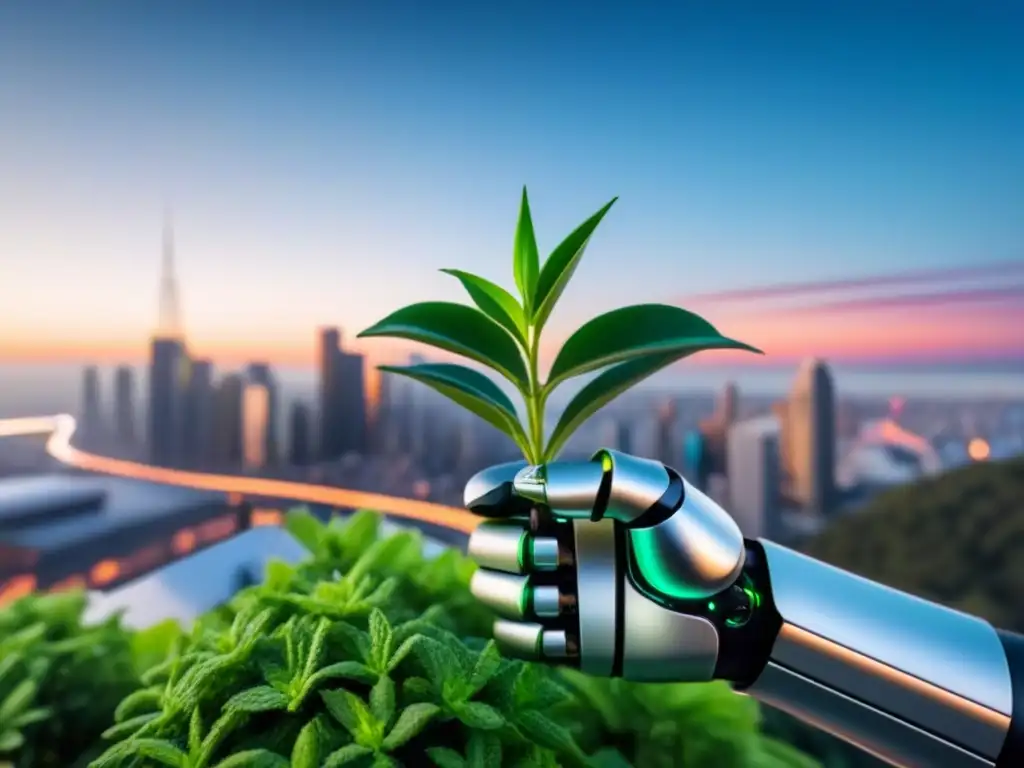 Una mano robot plateada sostiene una planta verde frente a un paisaje urbano al atardecer, representando la 'Sostenibilidad en la era digital'