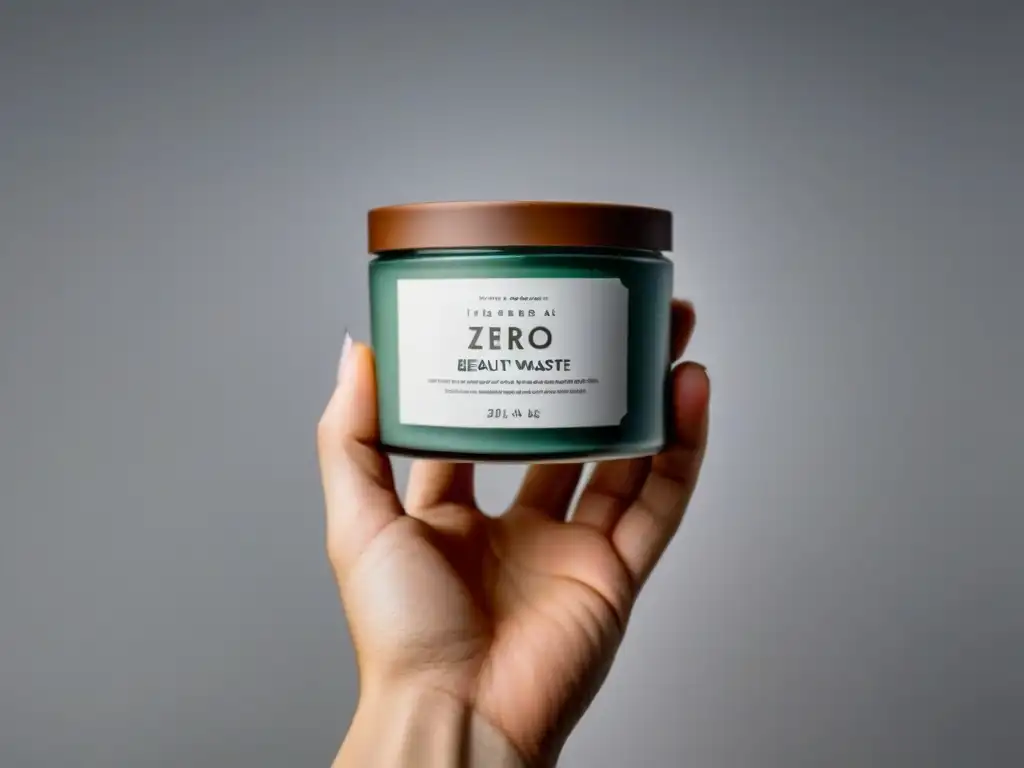 Mano sostiene producto crueltyfree y zero waste en empaque elegante y sostenible