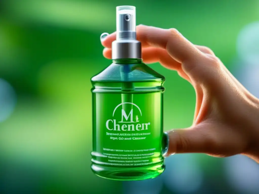 Mano sostiene pulverizador transparente con limpiador ecológico verde, destacando elegancia y pureza