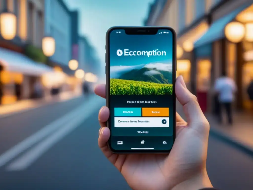 Mano sosteniendo smartphone con app de certificación ecológica de productos para consumo responsable