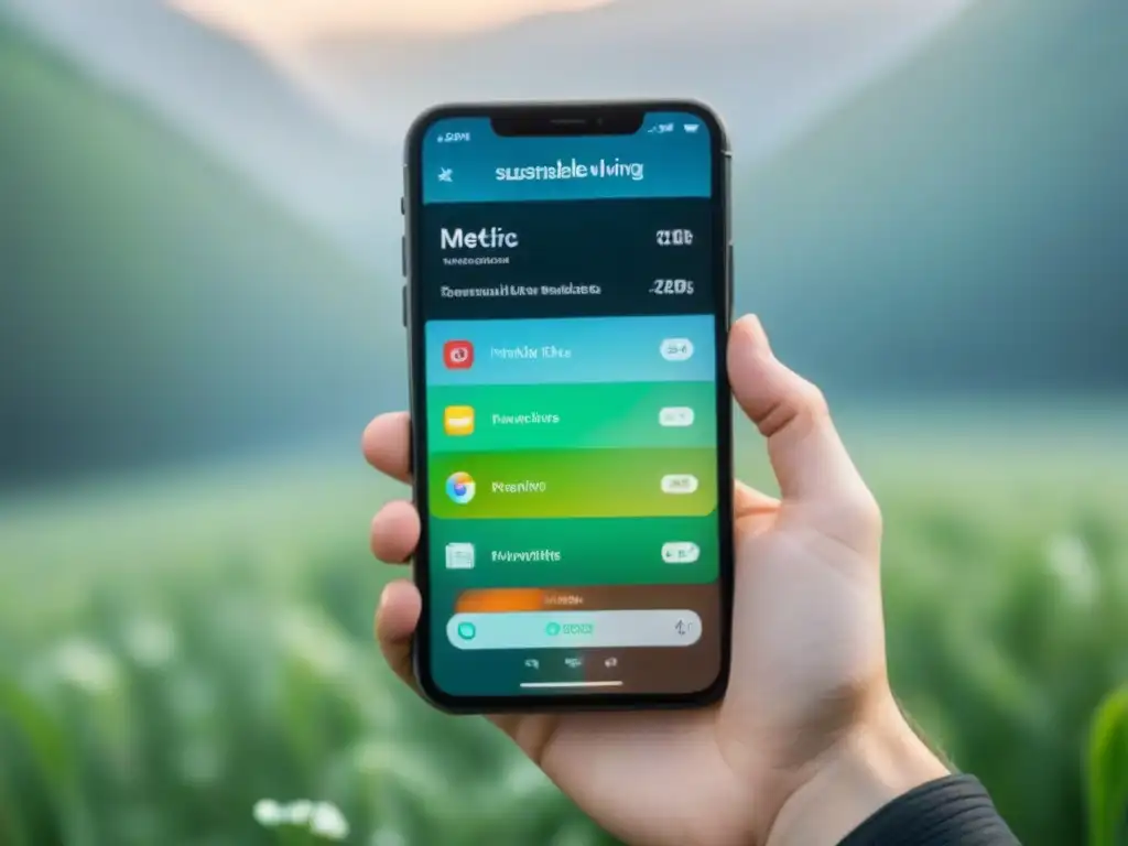 Mano sostiene smartphone con apps para vida sostenible en pantalla