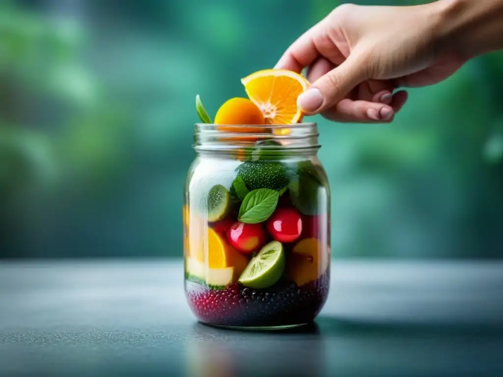 Mano sostiene tarro con frutas y hierbas coloridas, goteando agua